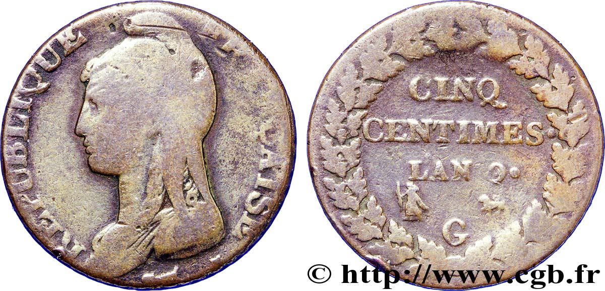 Cinq centimes Dupré, grand module, avers du décime 1801 Genève F.115/159 TB 