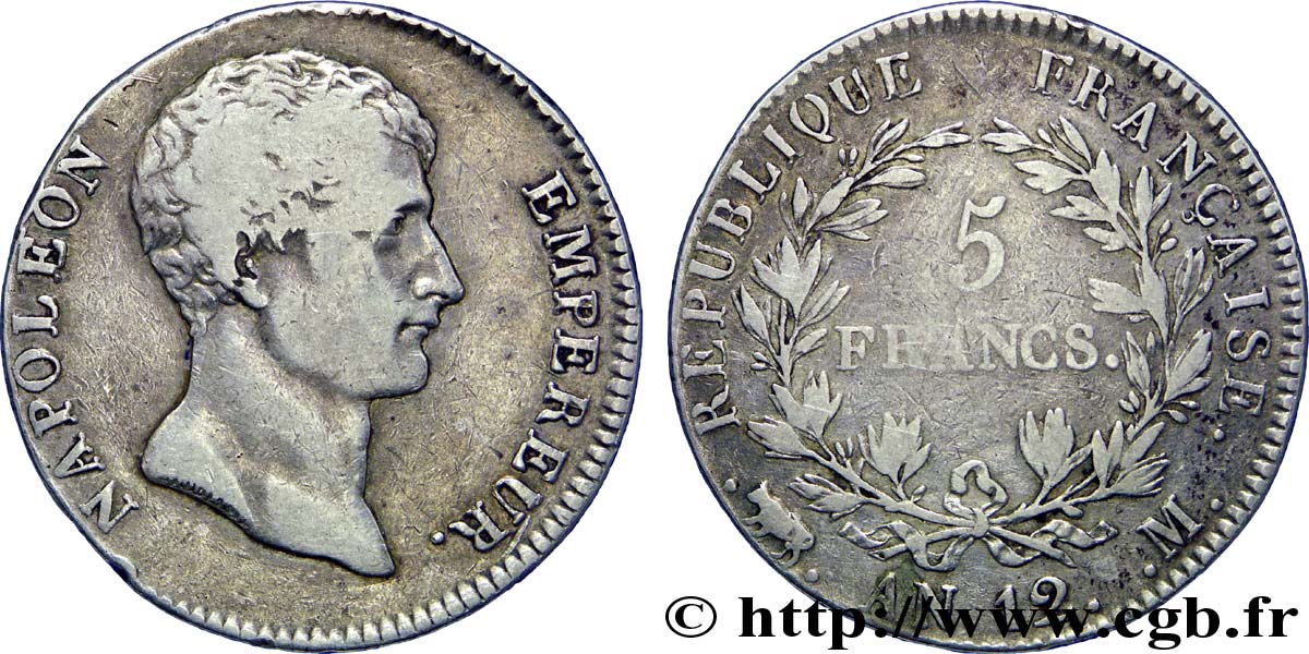 5 francs Napoléon Empereur, type intermédiaire 1804 Toulouse F.302/8 TB 