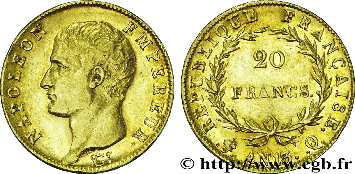 20 francs or Napoléon tête nue, Calendrier révolutionnaire 1805 Perpignan F.512/3 TTB 