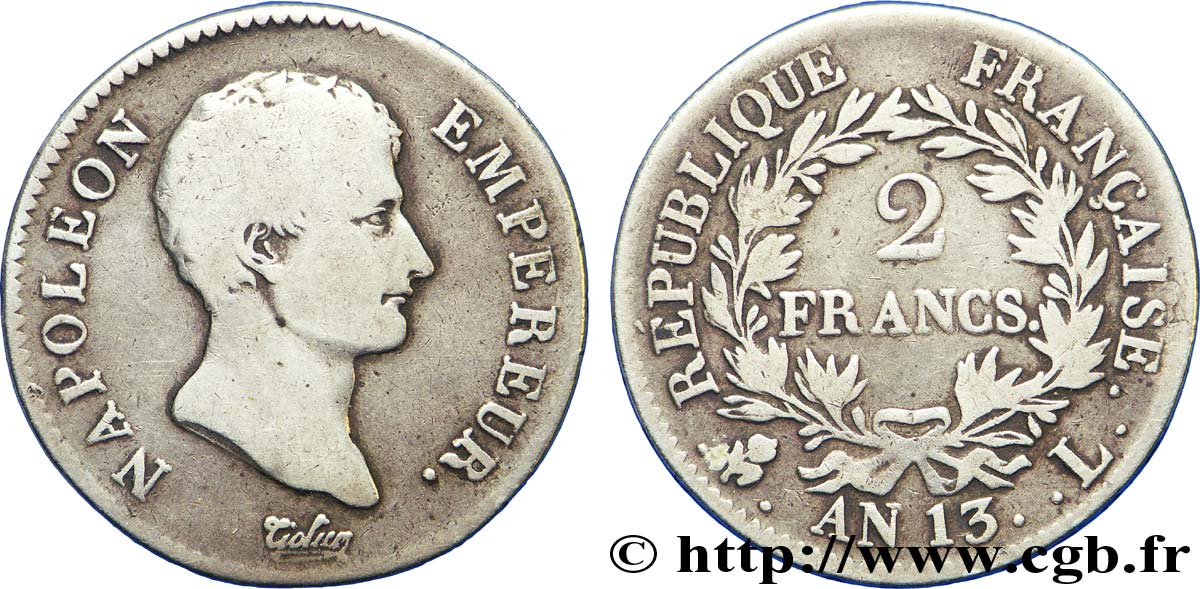 2 francs Napoléon Empereur, Calendrier révolutionnaire 1805 Bayonne F.251/20 VF 