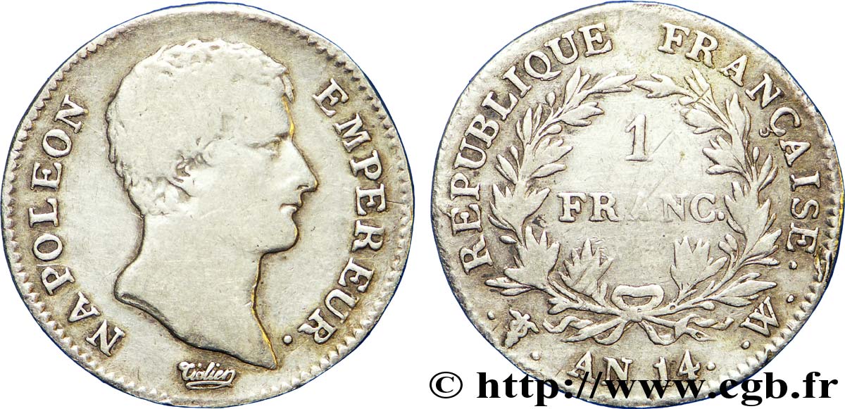 1 franc Napoléon Empereur, Calendrier révolutionnaire 1805 Lille F.201/39 MB 