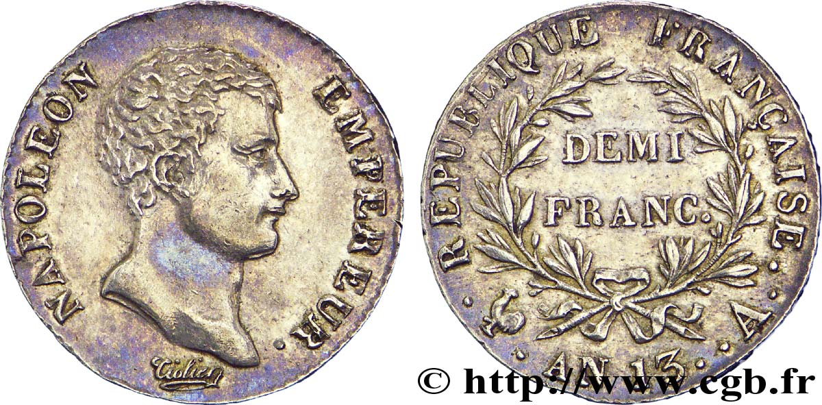 Demi-franc Napoléon Empereur, Calendrier révolutionnaire 1805 Paris F.174/10 EBC 