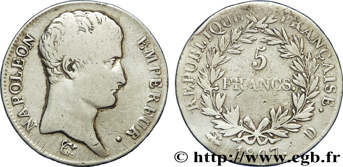 5 francs Napoléon Empereur, Calendrier grégorien 1807 Lyon F.304/14 MB 