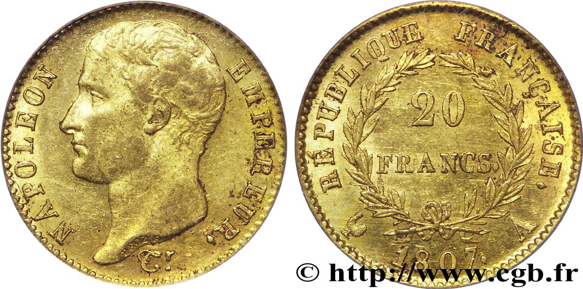 20 francs or Napoléon tête nue, type transitoire 1807 Paris F.514/1 VZ 