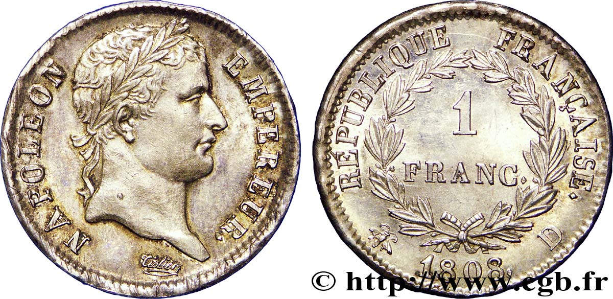 1 franc Napoléon Ier tête laurée, République française 1808 Lyon F.204/5 SUP 