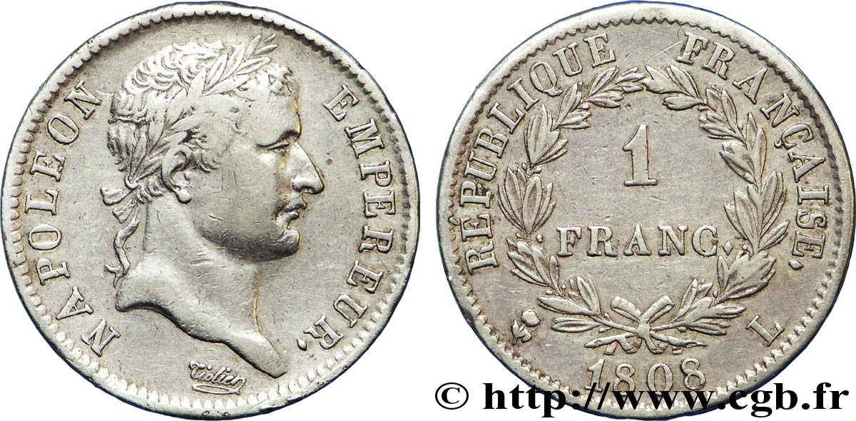 1 franc Napoléon Ier tête laurée, République française 1808 Bayonne F.204/9 MBC 