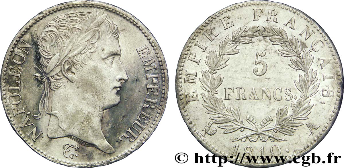 5 francs Napoléon Empereur, Empire français 1810 Paris F.307/14 EBC 