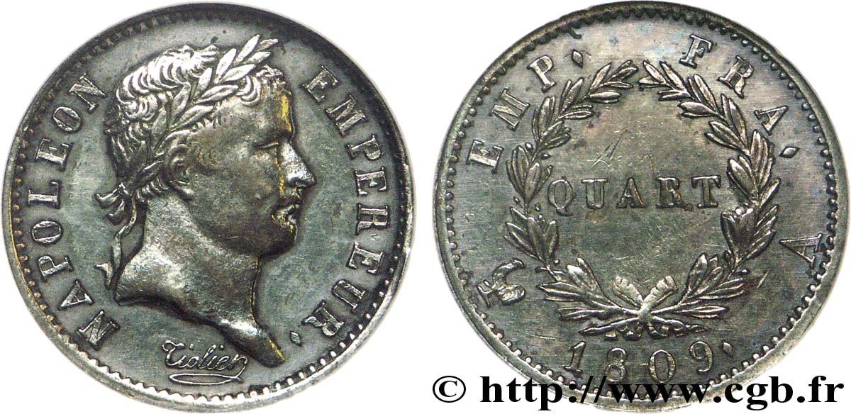 Quart (de franc) Napoléon Ier tête laurée, Empire français 1809 Paris F.162/1 TTB 