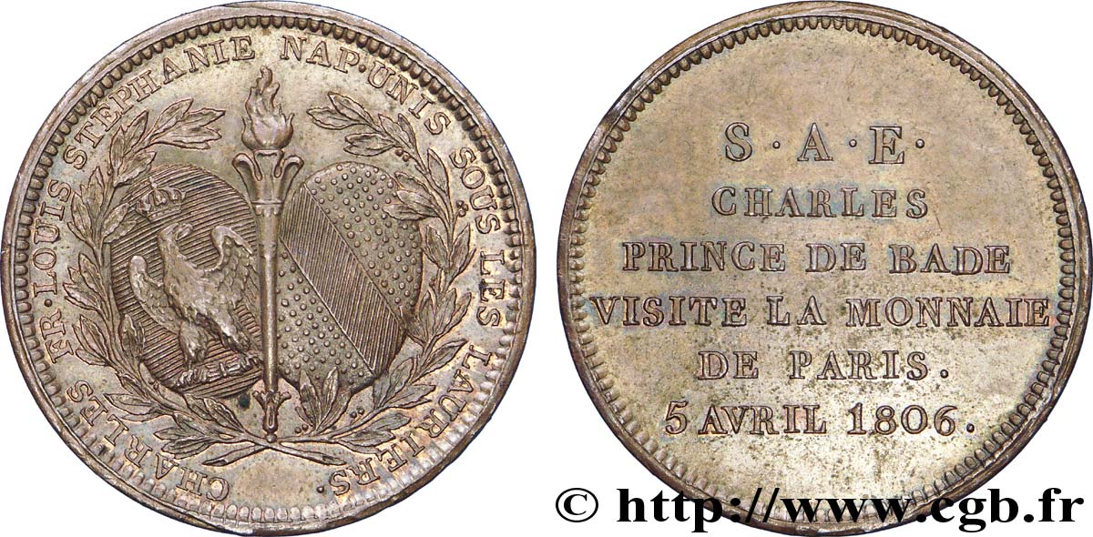 Monnaie de visite, module de 2 francs, pour Charles de Bade 1806 Paris VG.1508  VZ 
