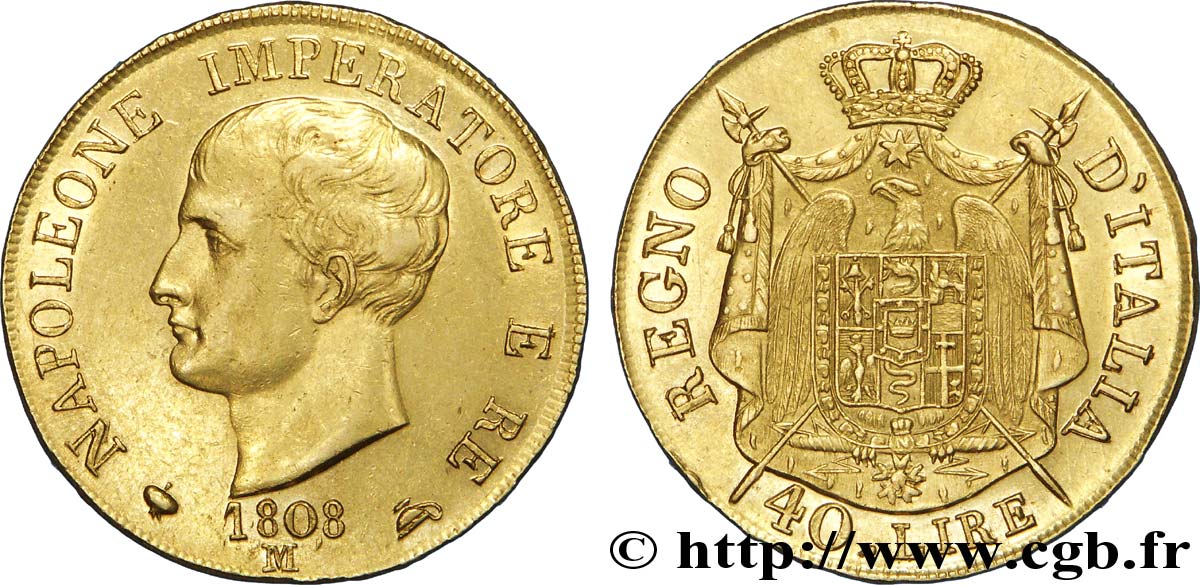 40 lire or, 1er type, tranche en relief 1808 Milan Mont.194  SUP 
