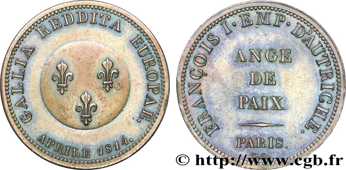 Ange de Paix, module de 2 francs pour François Ier d’Autriche en bronze 1814 Paris VG.2356  AU 