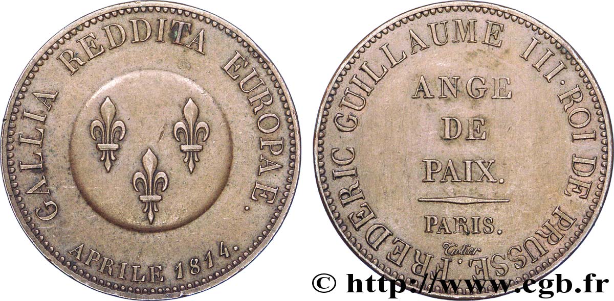 Ange de Paix, module de 5 francs pour Frédéric-Guillaume de Prusse 1814 Paris VG.2358  AU 