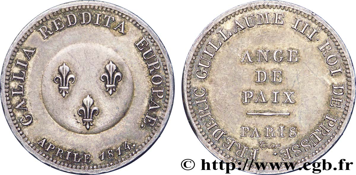Ange de Paix, module de 2 francs pour Frédéric-Guillaume de Prusse en bronze argenté 1814 Paris VG.2361 var. VZ 