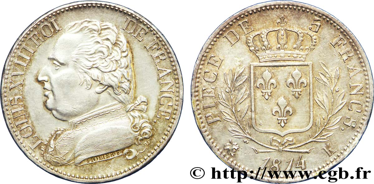 5 francs Louis XVIII, buste habillé 1814 Bordeaux F.308/7 EBC 