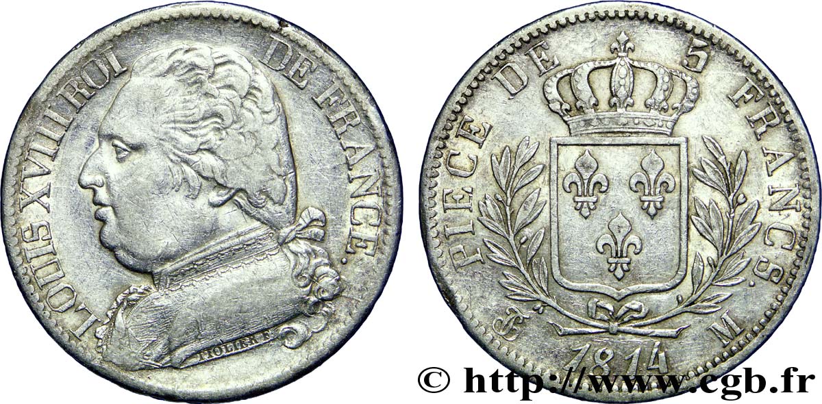 5 francs Louis XVIII, buste habillé 1814 Toulouse F.308/9 MBC 