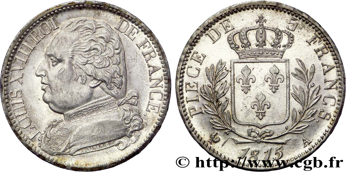 5 francs Louis XVIII, buste habillé 1815 Paris F.308/14 SPL 