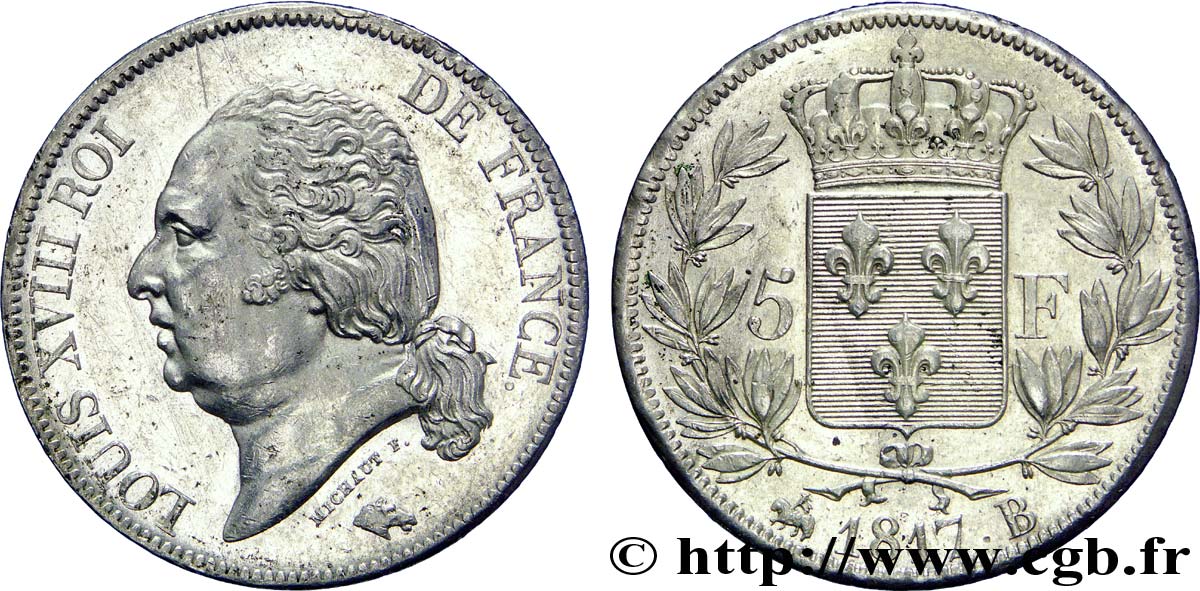 5 francs Louis XVIII, tête nue 1817 Rouen F.309/15 BB 