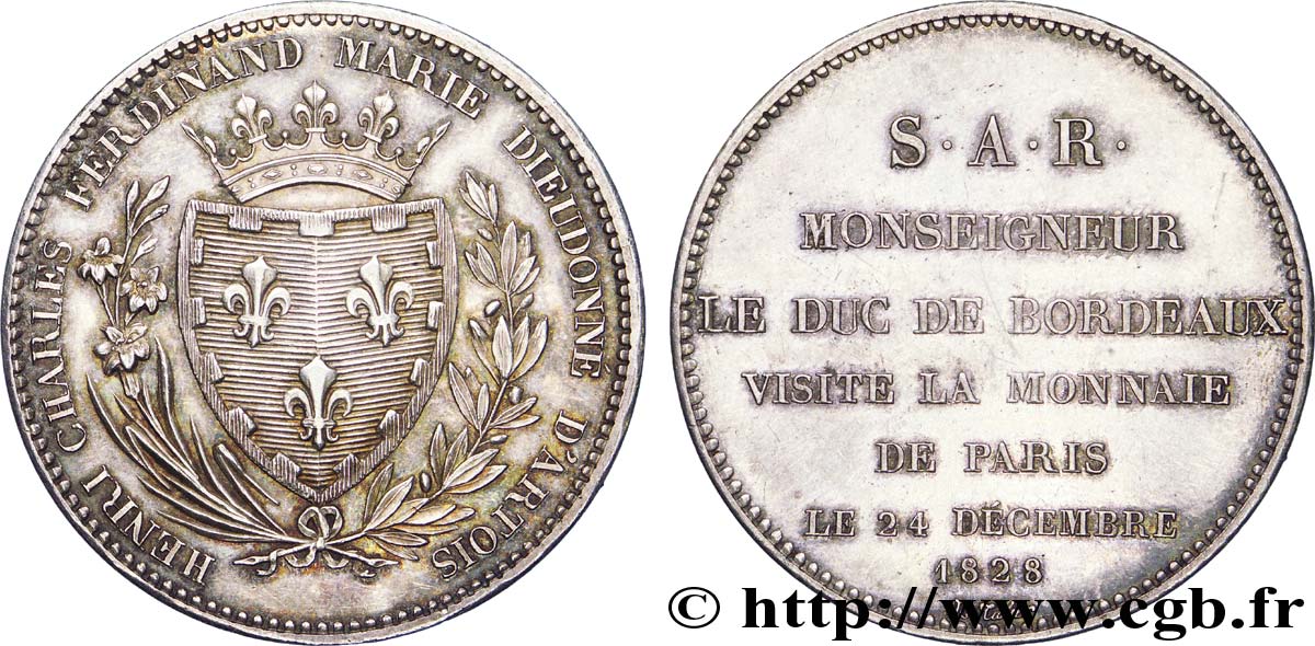 Pièce de plaisir, module de 5 francs, pour la visite de la Monnaie de Paris par le duc de Bordeaux 1828 Paris VG.2658  SUP 
