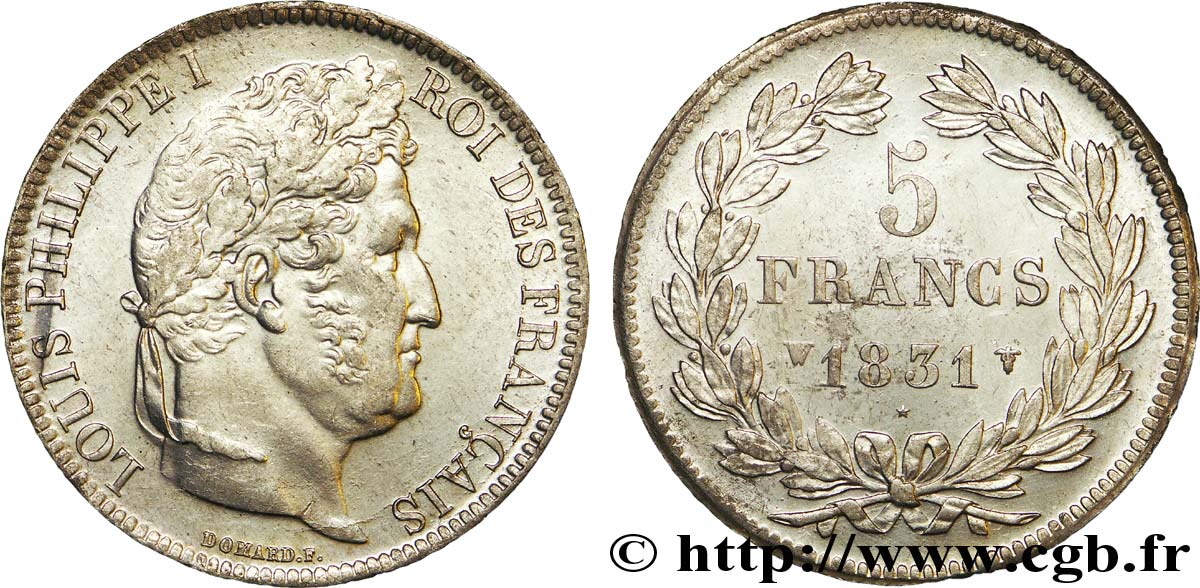 5 francs, Ier type Domard, tranche en relief 1831 Lille F.320/13 SUP 