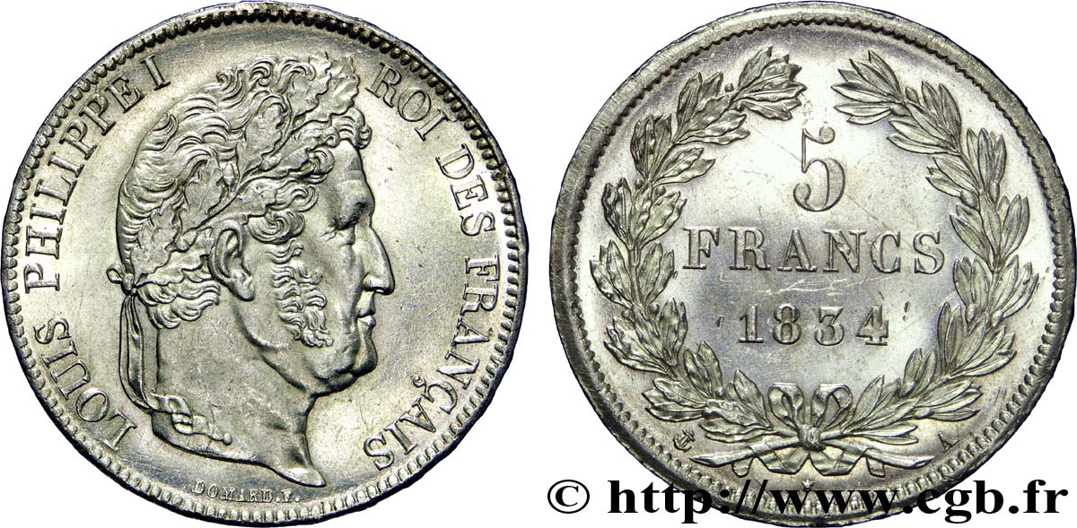 5 francs, IIe type Domard 1834 Paris F.324/29 SPL 