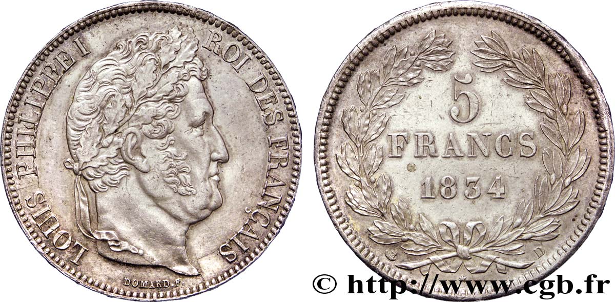 5 francs, IIe type Domard 1834 Lyon F.324/32 SUP 