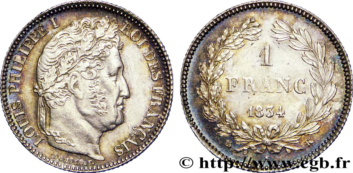 1 franc Louis-Philippe, couronne de chêne 1834 Bordeaux F.210/33 SUP 