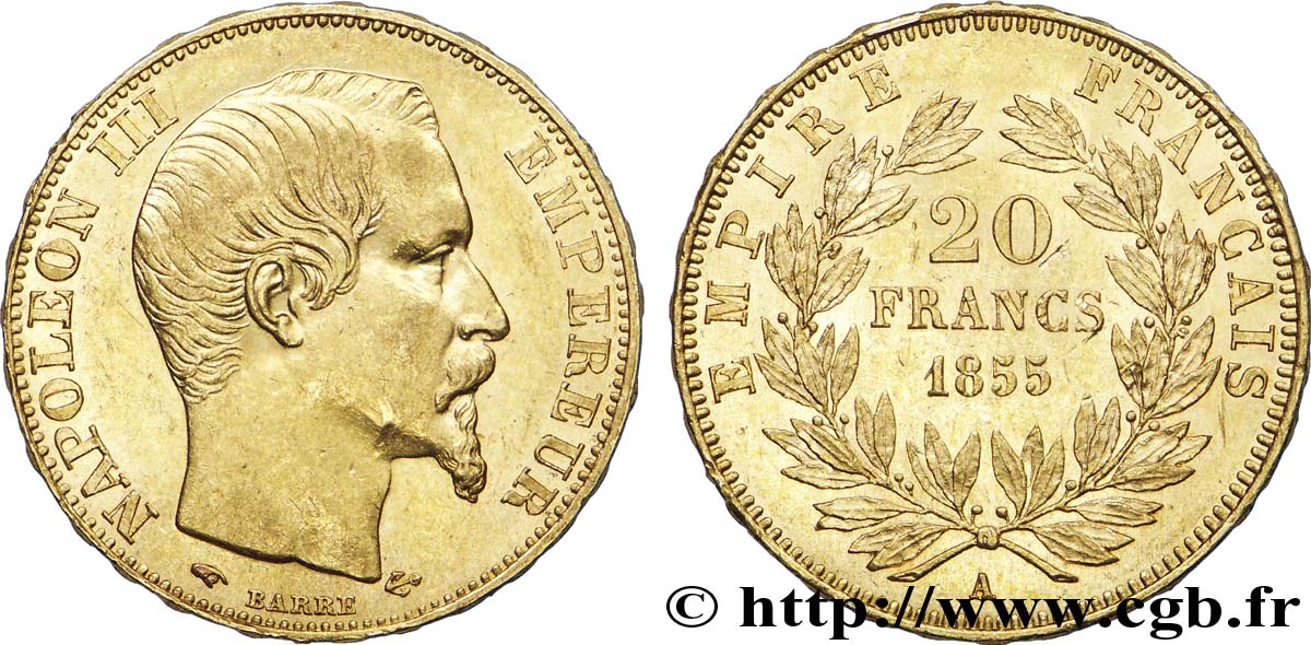20 francs or Napoléon III, tête nue, différent ancre 1855 Paris F.531/4 SUP 