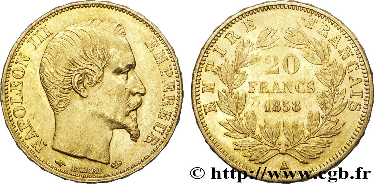 20 francs or Napoléon III, tête nue 1858 Paris F.531/13 EBC 