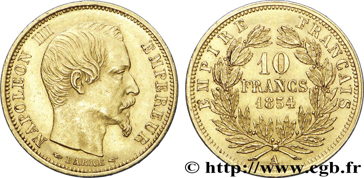 10 francs or Napoléon III tête nue, petit module, tranche lisse 1854 Paris F.505/1 MBC 