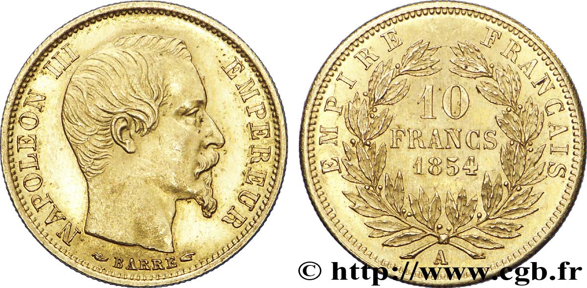 10 francs or Napoléon III tête nue, petit module, tranche cannelée 1854 Paris F.505A/1 SUP 