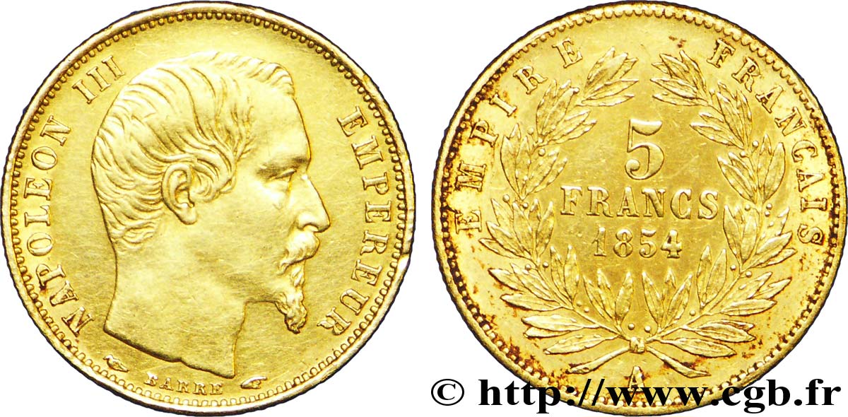 5 francs or Napoléon III, tête nue, petit module, tranche cannelée 1854 Paris F.500A/1 MBC 