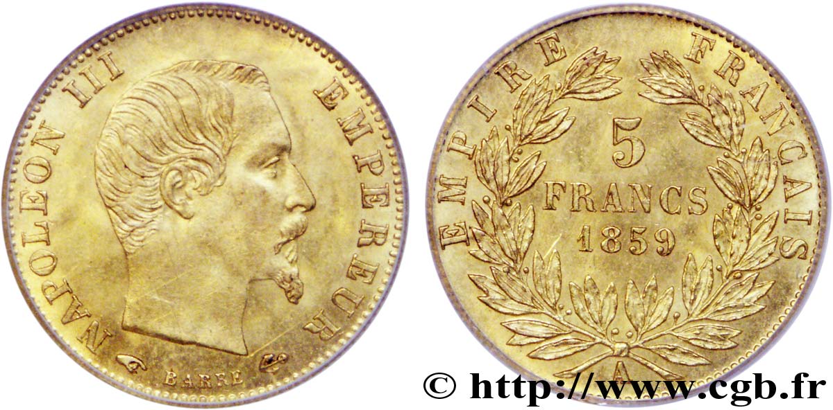 5 francs or Napoléon III, tête nue, grand module 1859 Paris F.501/7 SC 
