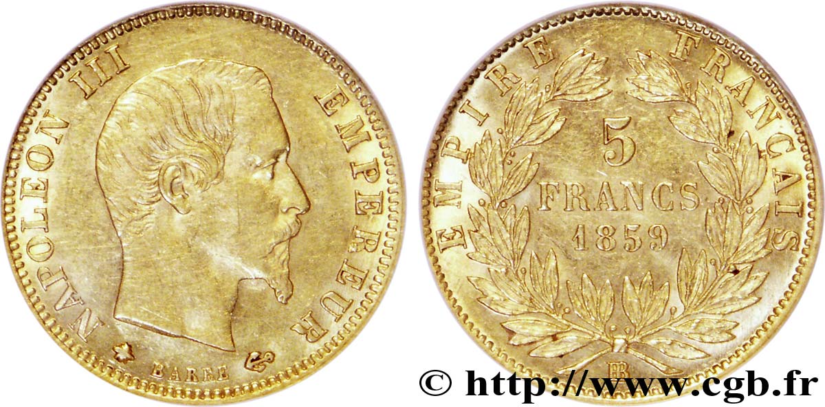 5 francs or Napoléon III, tête nue, grand module 1859 Strasbourg F.501/8 VZ 