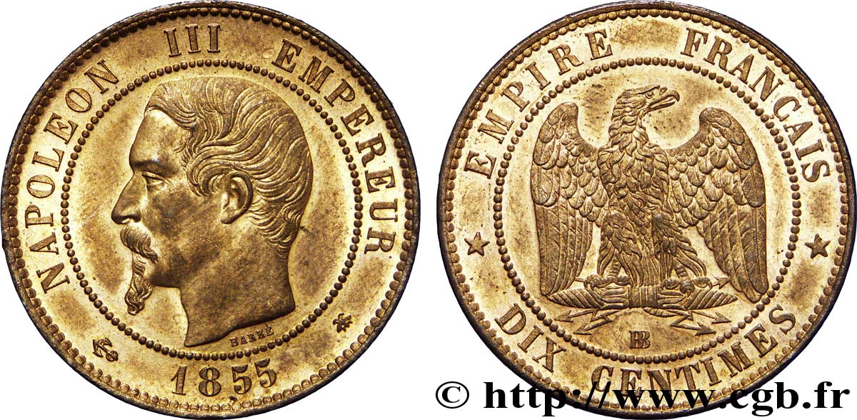 Dix centimes Napoléon III, tête nue, différent ancre 1855 Strasbourg F.133/24 VZ 