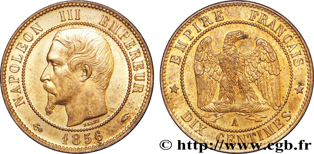 Dix centimes Napoléon III, tête nue 1856 Paris F.133/34 EBC 