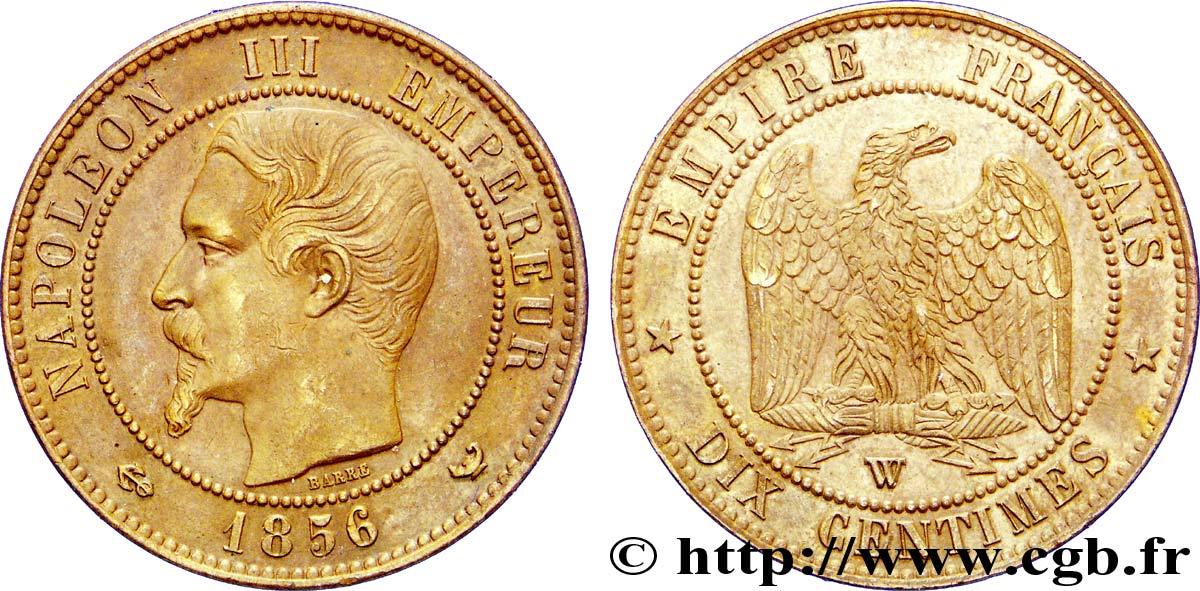 Dix centimes Napoléon III, tête nue 1856 Lille F.133/40 XF 