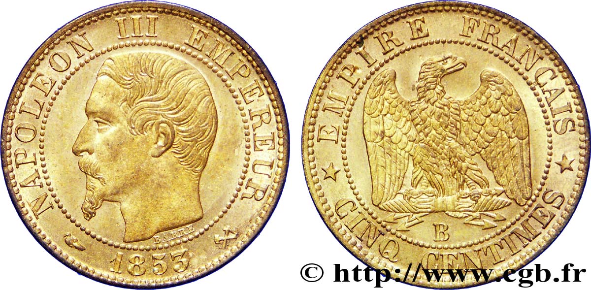 Cinq centimes Napoléon III, tête nue 1853 Rouen F.116/2 SPL 