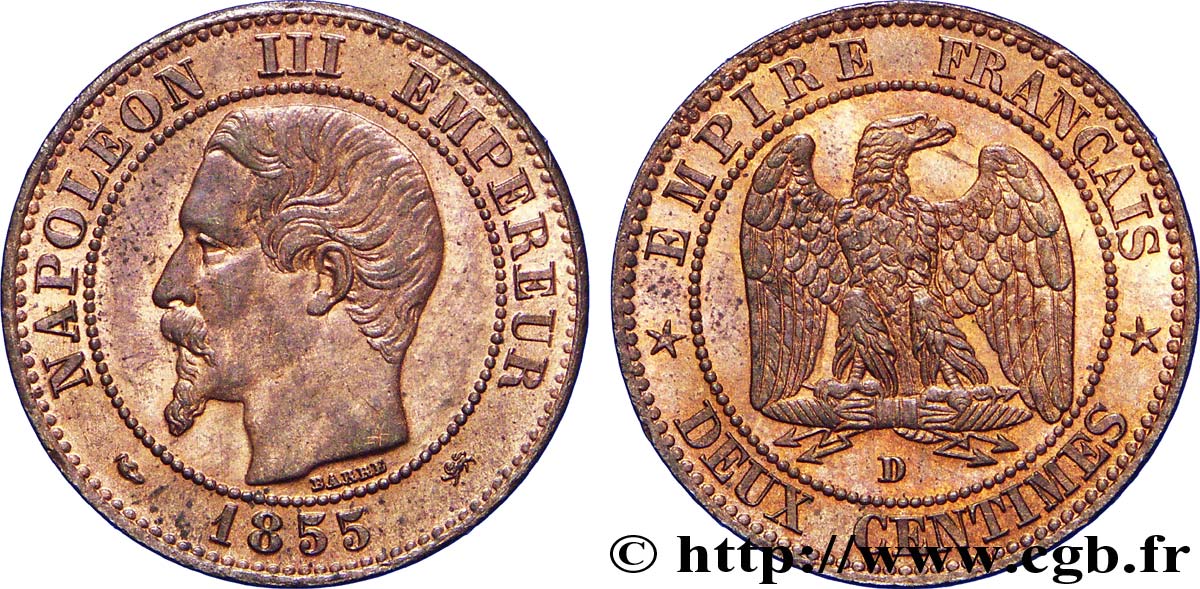Deux centimes Napoléon III, tête nue, différent levrette, petit D et petit lion 1855 Lyon F.107/30 VZ 