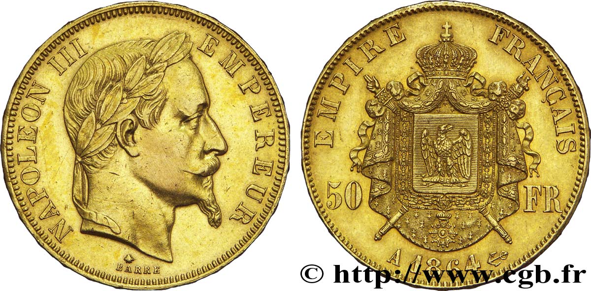50 francs or Napoléon III, tête laurée 1864 Paris F.548/4 SPL 