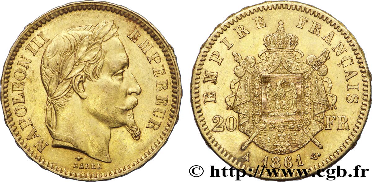 20 francs or Napoléon III, tête laurée 1861 Paris F.532/1 SPL 