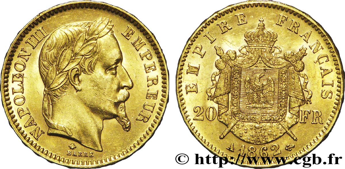 20 francs or Napoléon III, tête laurée 1862 Paris F.532/3 SUP 