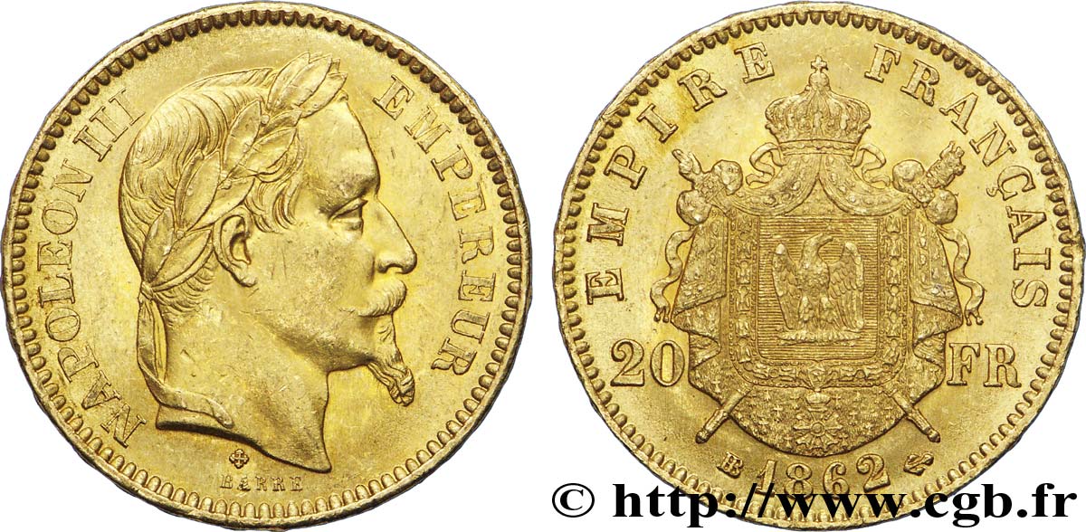 20 francs or Napoléon III, tête laurée 1862 Strasbourg F.532/5 AU 