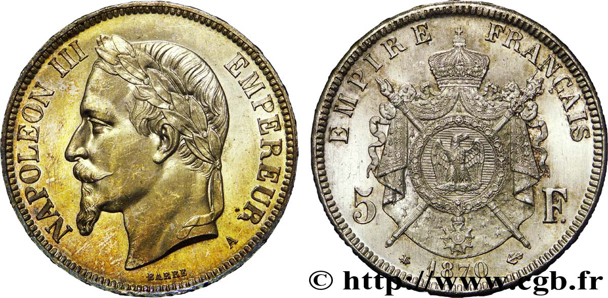 5 francs Napoléon III, tête laurée 1870 Paris F.331/16 EBC 