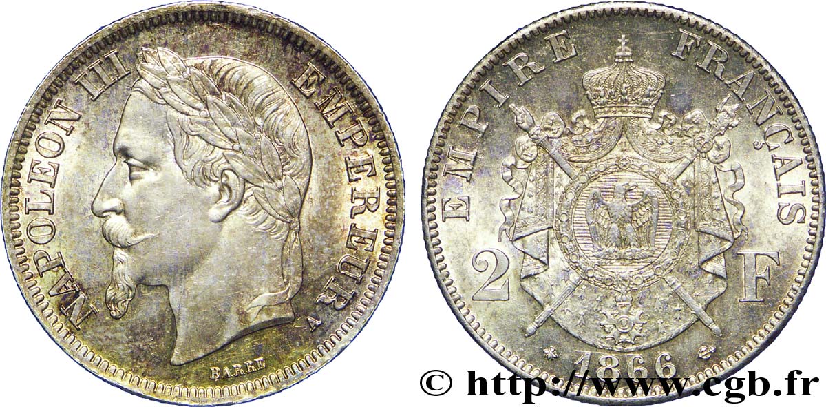 2 francs Napoléon III, tête laurée 1866 Paris F.263/2 SPL 