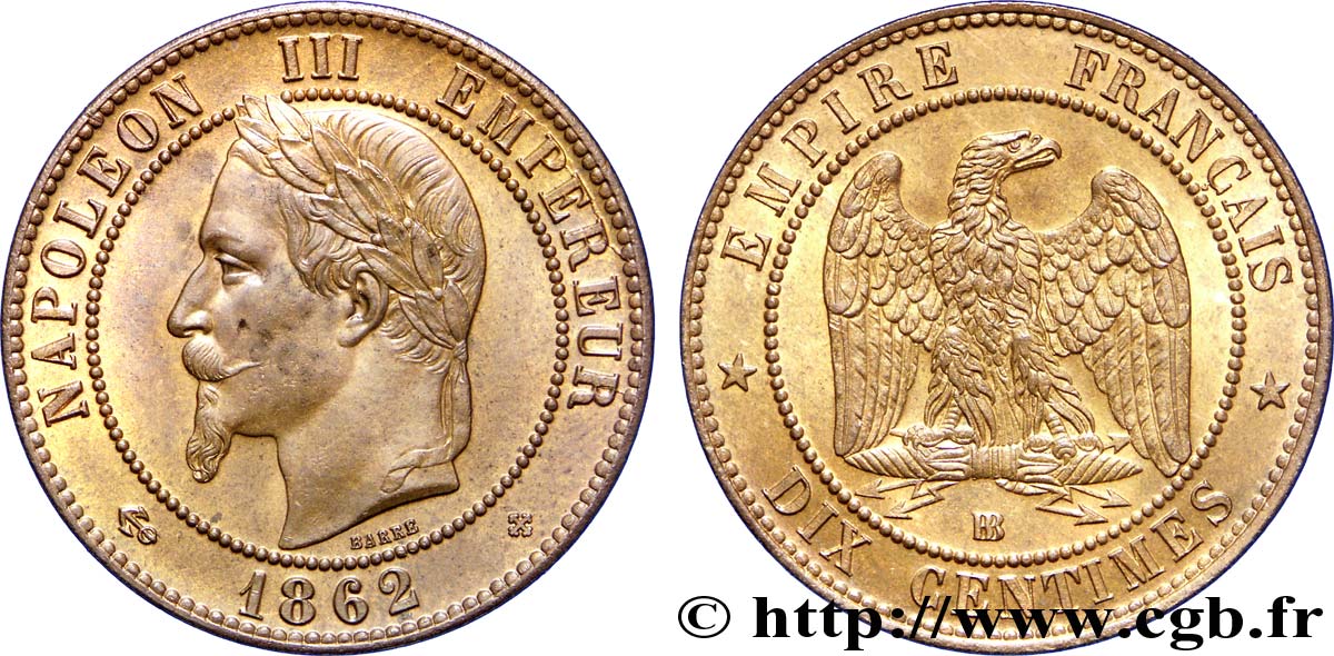 Dix centimes Napoléon III, tête laurée 1862 Strasbourg F.134/8 VZ 