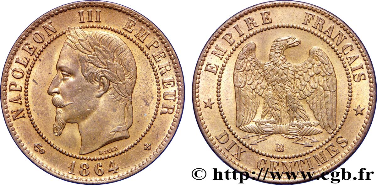 Dix centimes Napoléon III, tête laurée 1864 Strasbourg F.134/14 EBC 