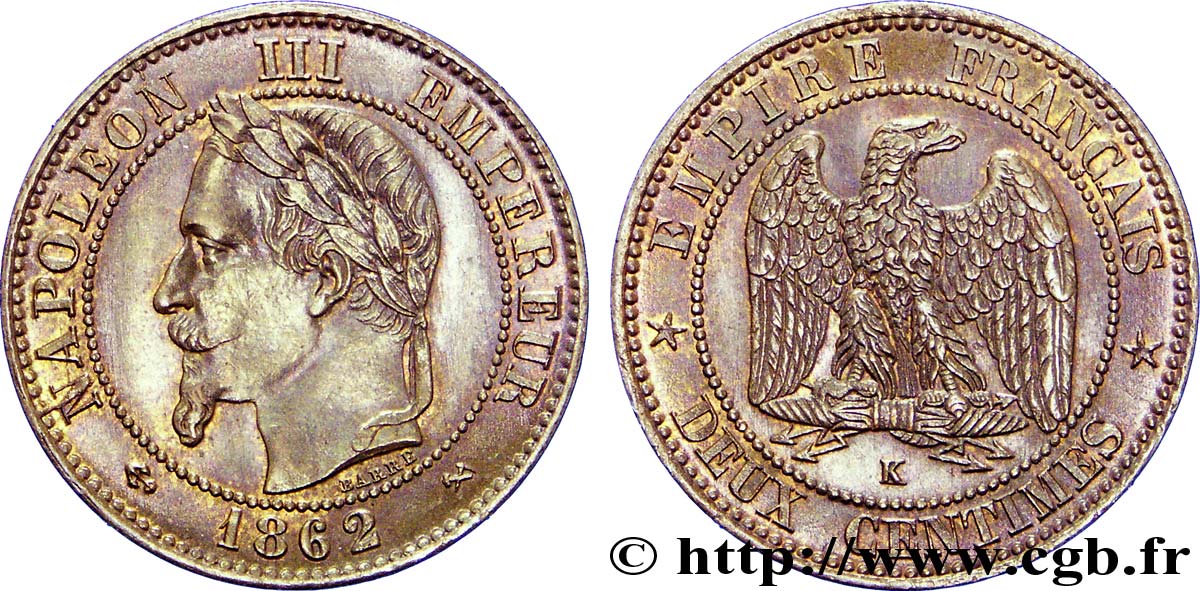 Deux centimes Napoléon III, tête laurée 1862 Bordeaux F.108A/7 SUP 