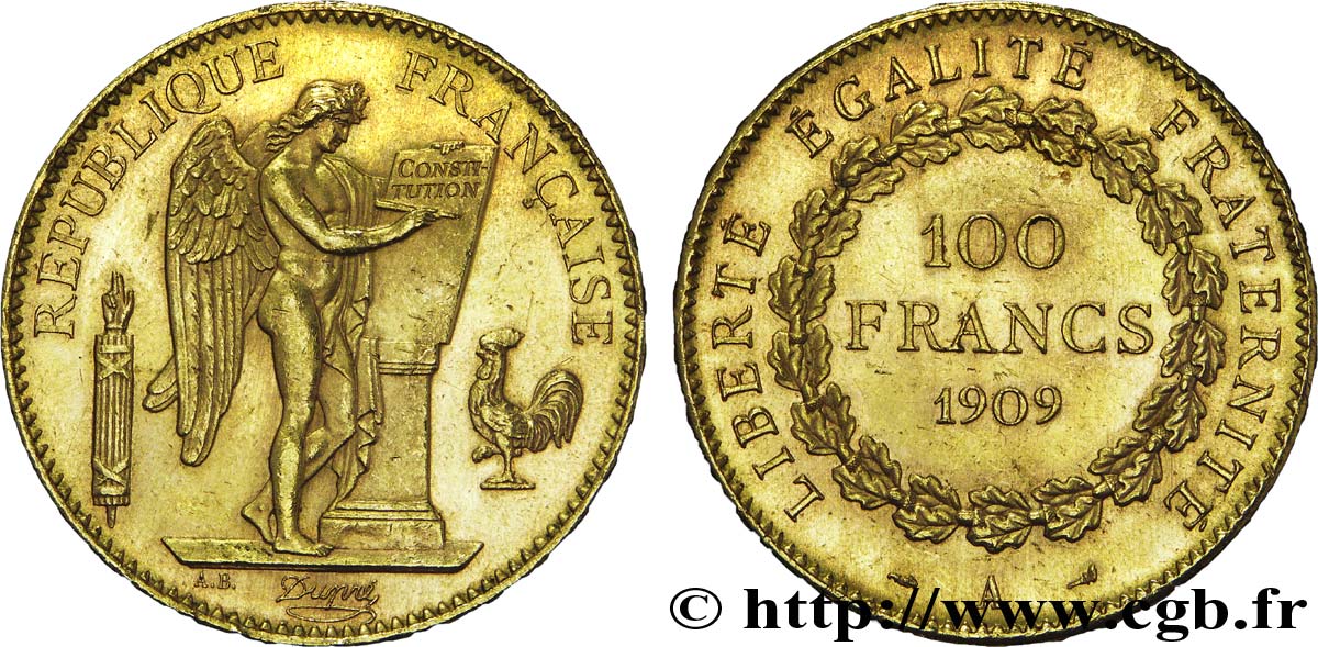 100 francs or Génie, tranche inscrite en relief Liberté Égalité Fraternité 1909 Paris F.553/3 AU 
