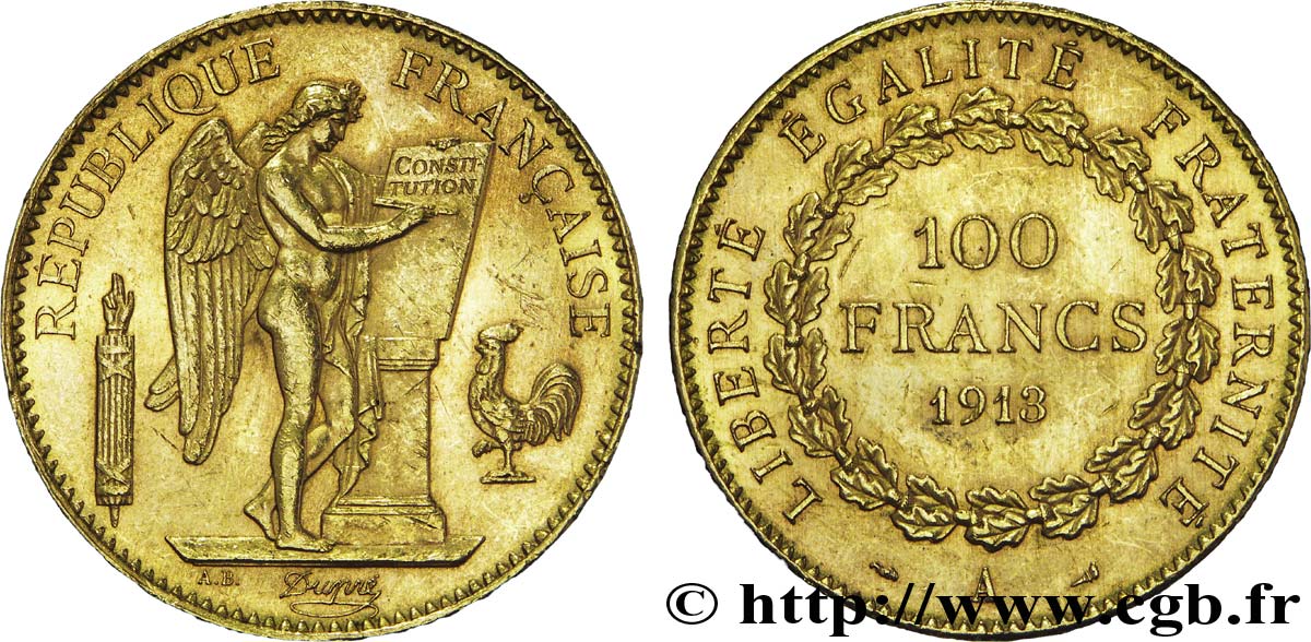 100 francs or Génie, tranche inscrite en relief Liberté Égalité Fraternité 1913 Paris F.553/7 SUP 