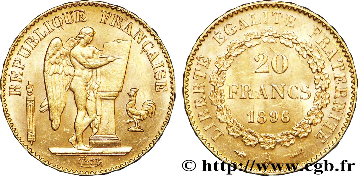 20 francs or Génie, Troisième République, différent faisceau 1896 Paris F.533/20 VZ 